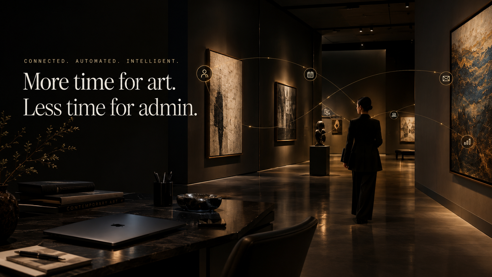 A gallery director walking through a warmly lit exhibition space connected by Gallery AI workflows